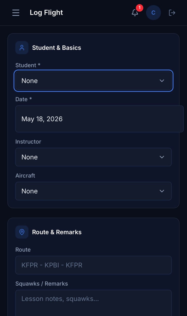 StratusLog mobile log flight form